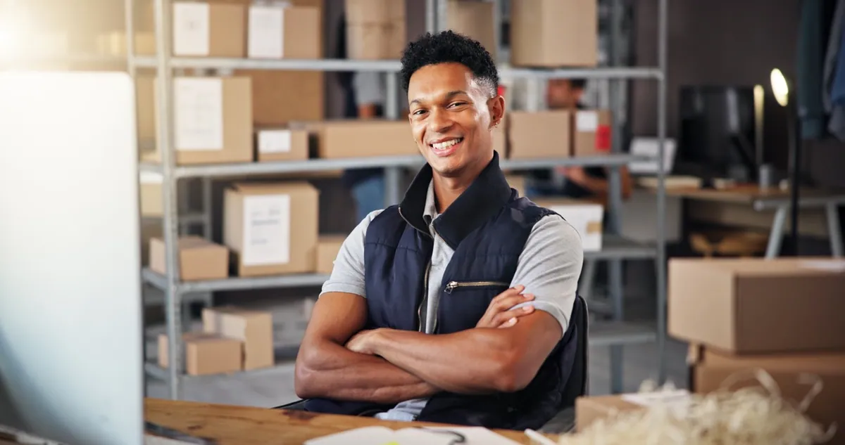 A business owner standing among products in a shipping warehouse